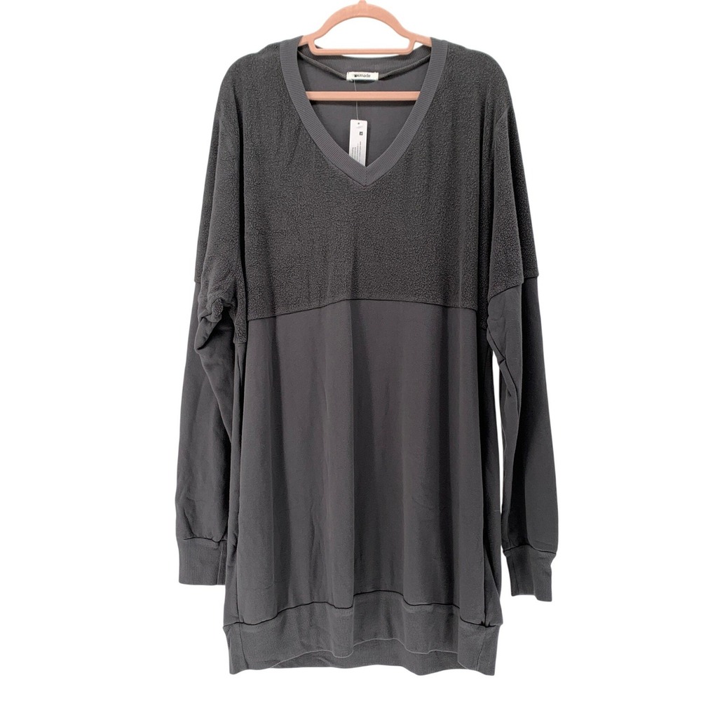 LAmade Mixed Media V-Neck Tunic Women L Gray Fleece Jersey Pockets NWT